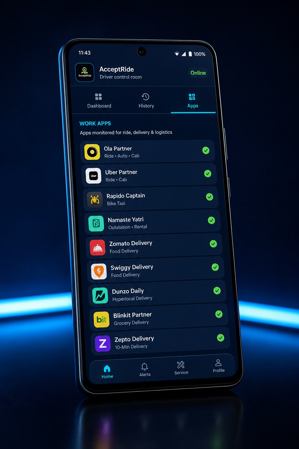 AcceptRide supported apps screen