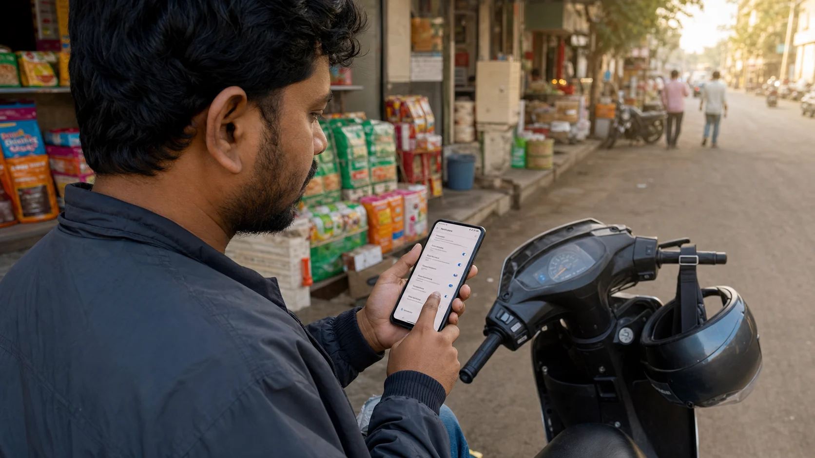 Indian delivery rider checking Android notification permission before starting work
