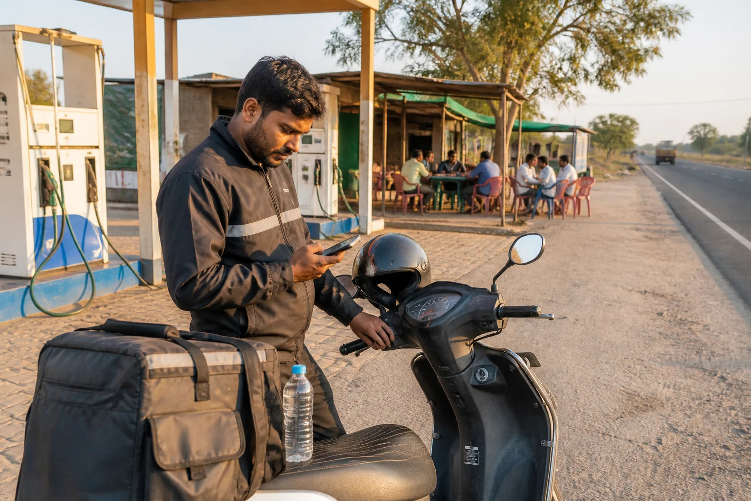 Indian rider planning fuel and rest breaks near a roadside fuel station