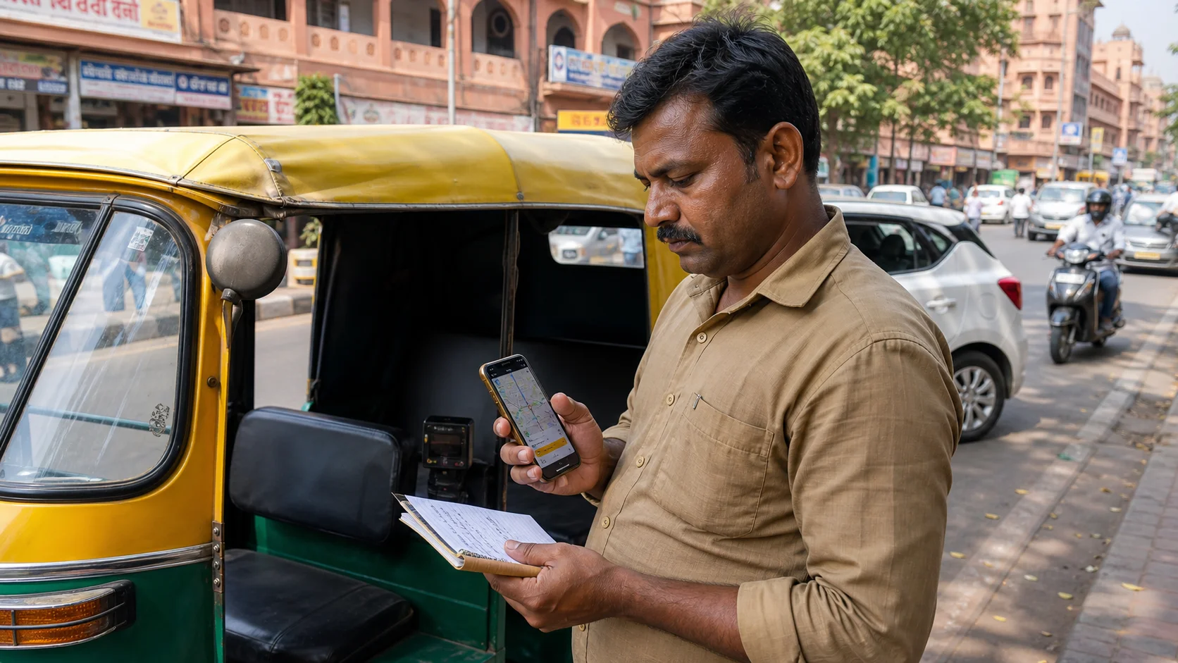Auto driver in Jaipur checking pickup address and route on a smartphone