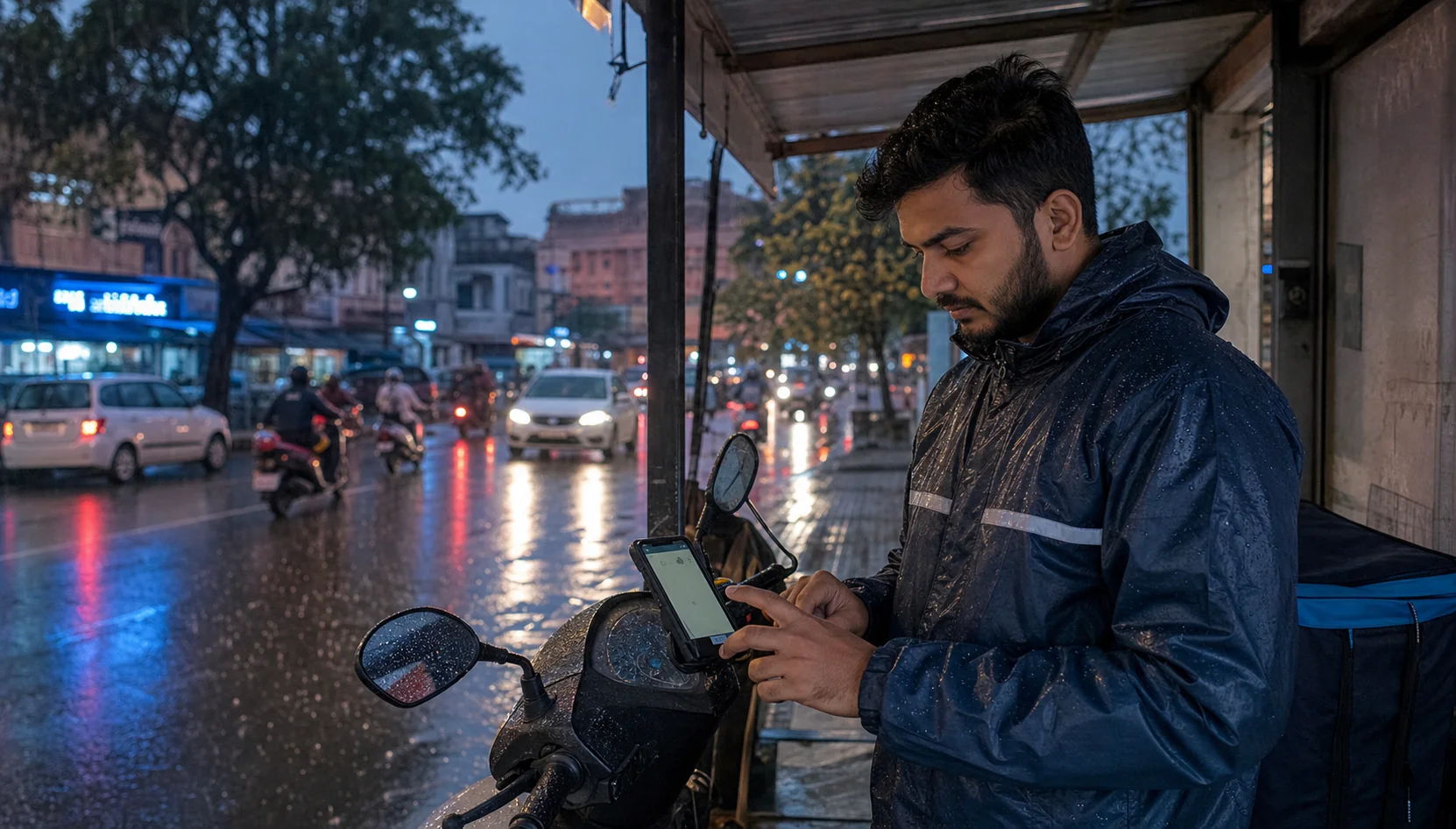 Indian rider preparing a smartphone before a rainy Rajasthan shift
