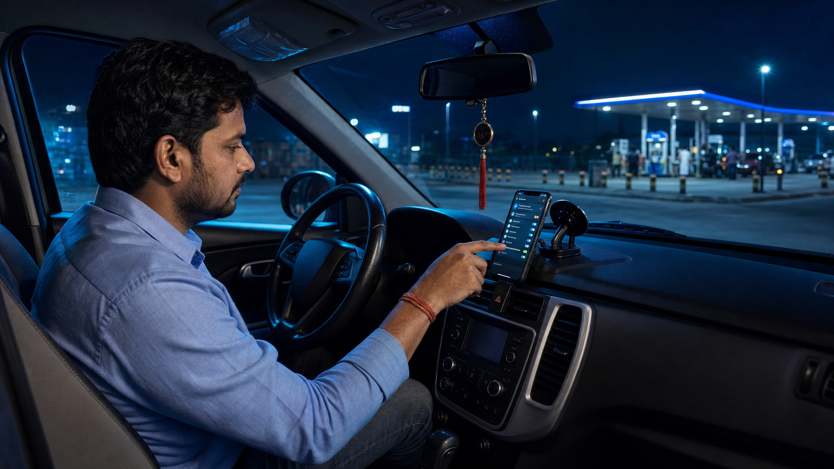 Cab driver checking phone alerts while safely parked at night