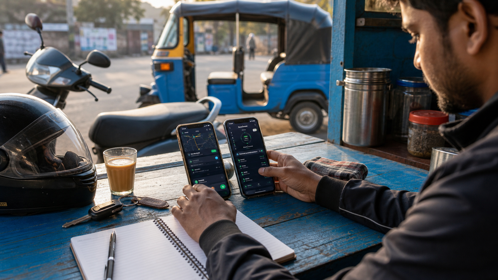Two smartphones and driver gear on a tea stall table