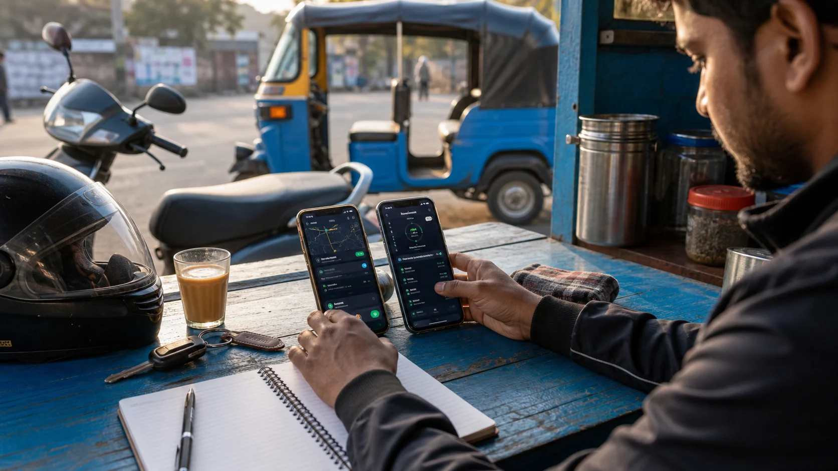 Two smartphones and driver gear on a tea stall table