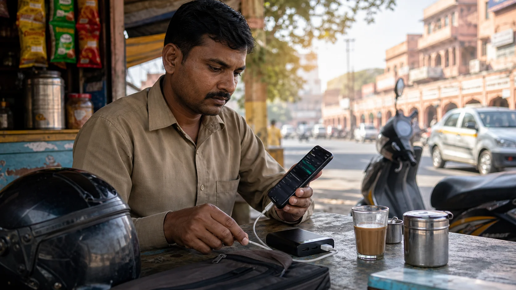Indian driver preparing power bank and phone battery before a long shift