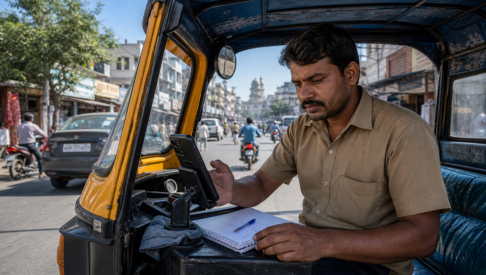 Auto driver checking a smartphone before lunch rush in a Rajasthan market street