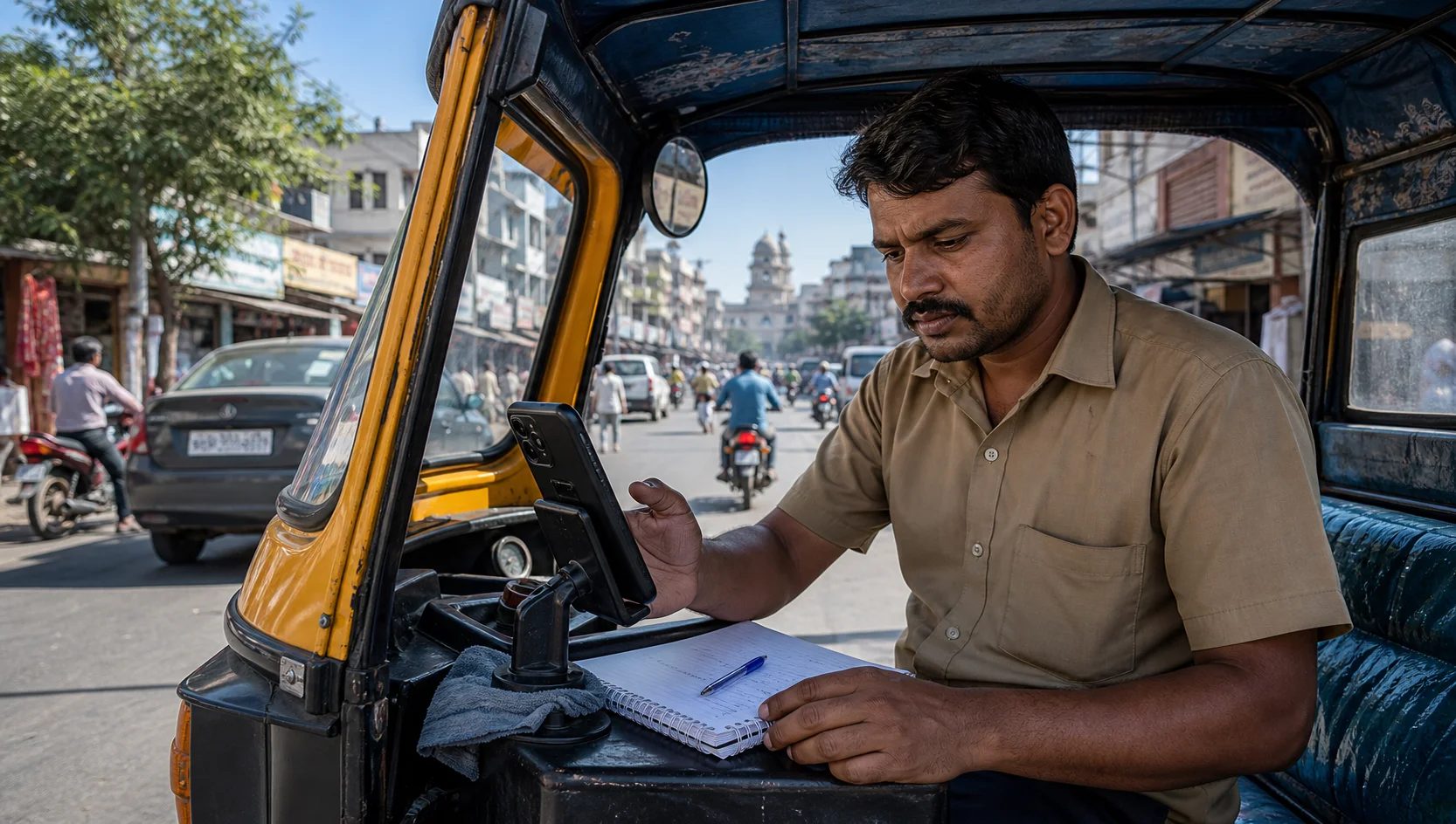Auto driver checking a smartphone before lunch rush in a Rajasthan market street