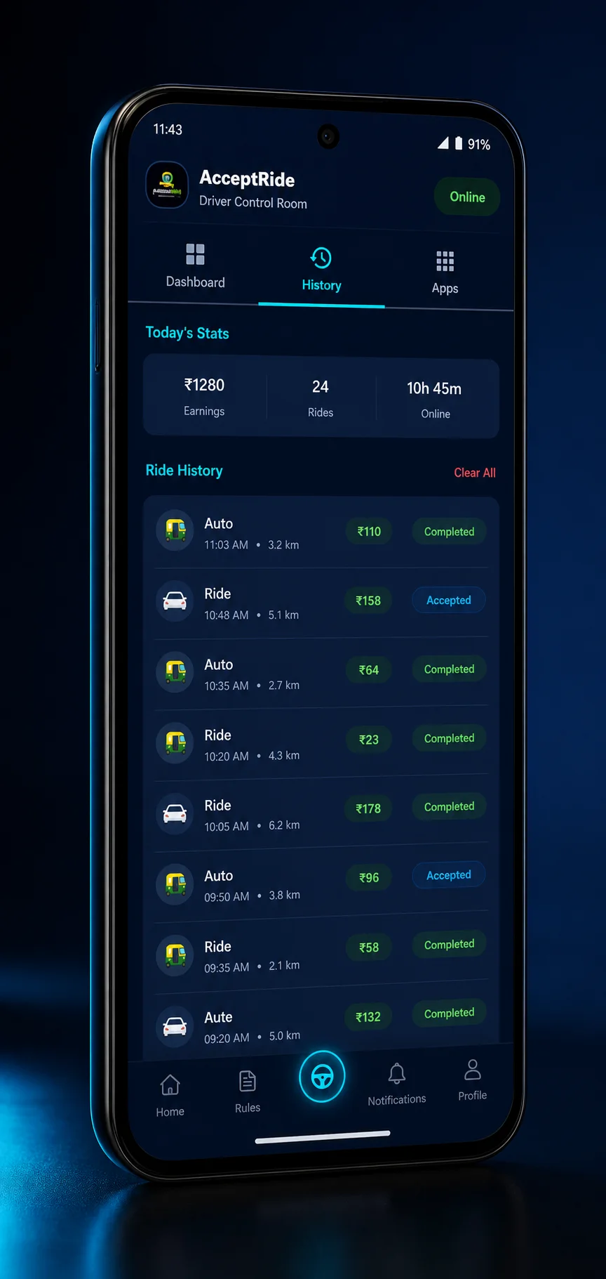 Android phone showing a clean list of work apps for Indian driver shifts