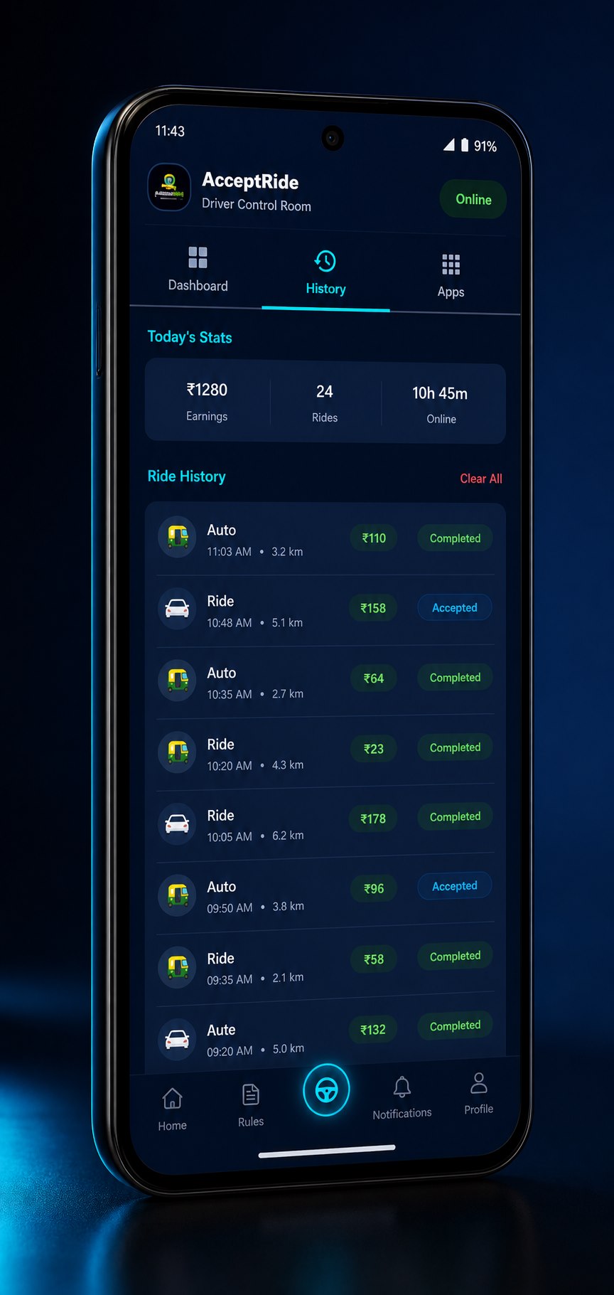 AcceptRide ride history screen